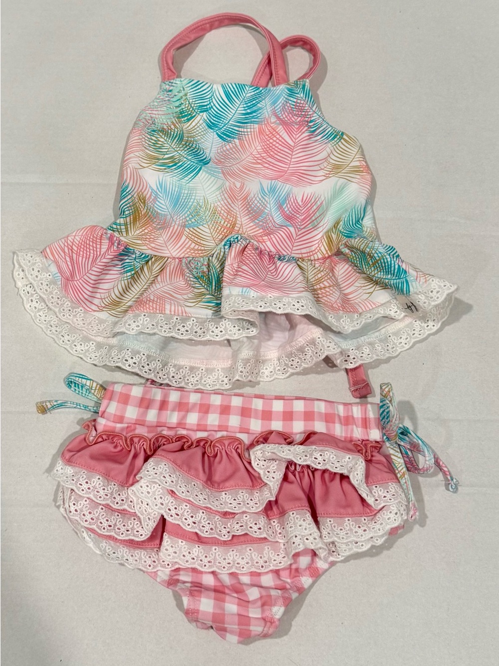 Girls Pink Tropical Ruffle Two-Piece Swim Set - Picture 1 of 1